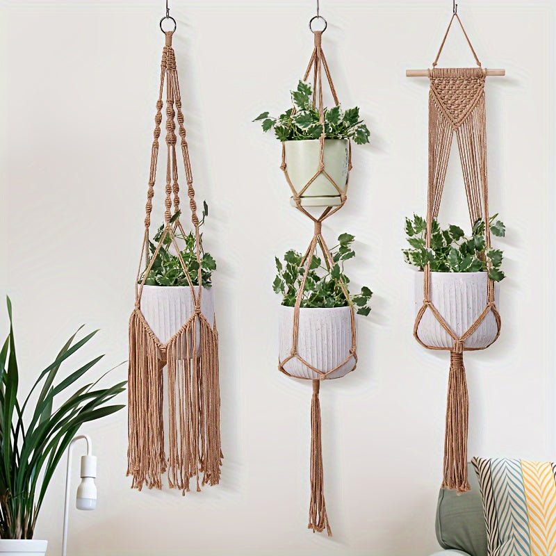 5 Pack Macrame Plant Hangers - Handwoven Bohemian Style