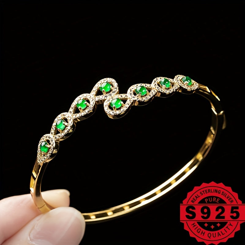 1pc 925 Silver Inlaid Natural Stone Grade A Ice Seed Full Green Women's Jewelry