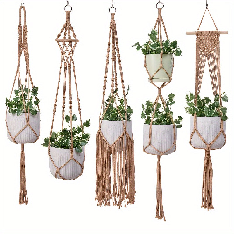 5 Pack Macrame Plant Hangers - Handwoven Bohemian Style