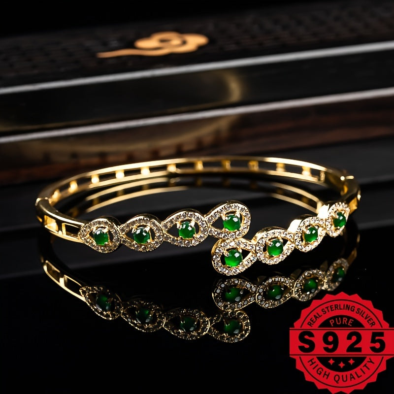 1pc 925 Silver Inlaid Natural Stone Grade A Ice Seed Full Green Women's Jewelry
