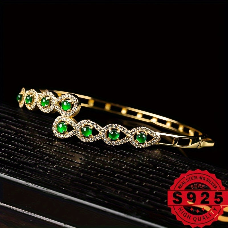 1pc 925 Silver Inlaid Natural Stone Grade A Ice Seed Full Green Women's Jewelry