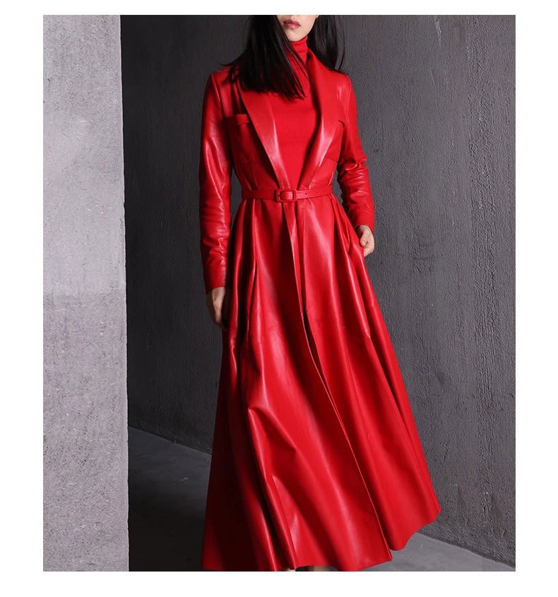 Nerazzurri High Quality Red Black Maxi PU Leather Trench Coat