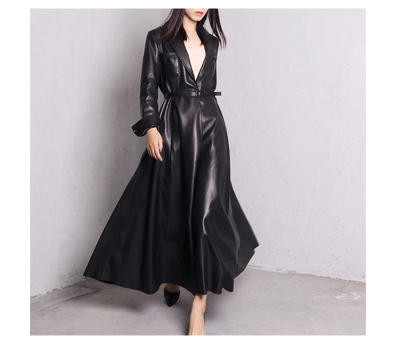 Nerazzurri High Quality Red Black Maxi PU Leather Trench Coat