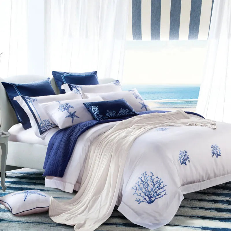 Blue Embroidery White Duvet Cover set Premium Egyptian Cotton