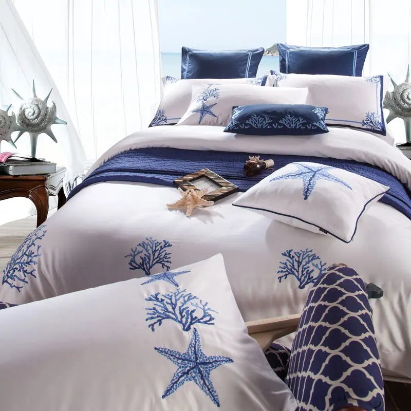 Blue Embroidery White Duvet Cover set Premium Egyptian Cotton