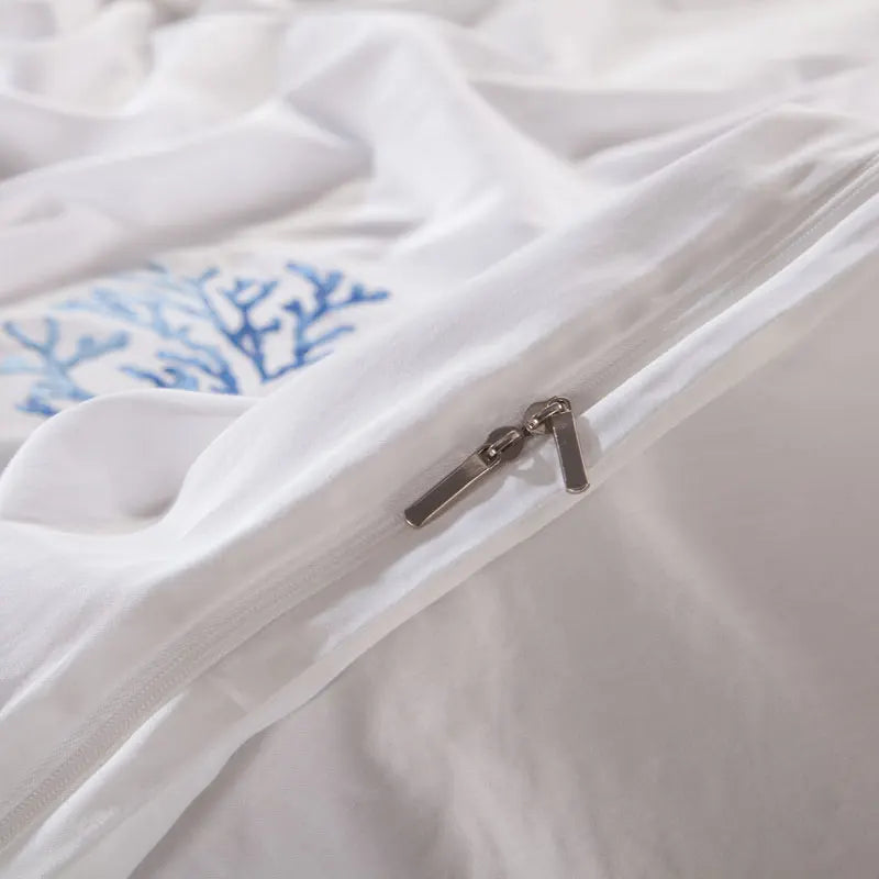 Blue Embroidery White Duvet Cover set Premium Egyptian Cotton