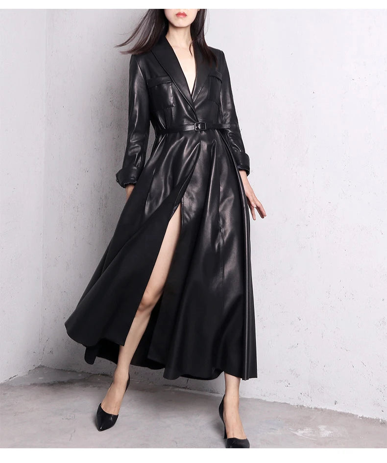 Nerazzurri High Quality Red Black Maxi PU Leather Trench Coat