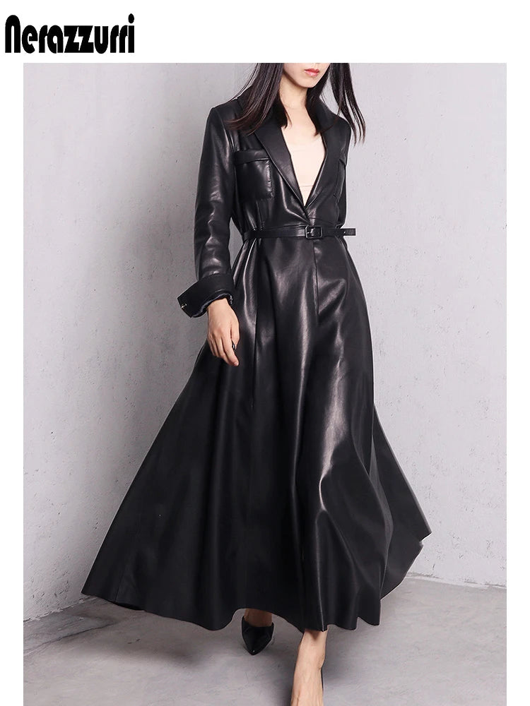 Nerazzurri High Quality Red Black Maxi PU Leather Trench Coat