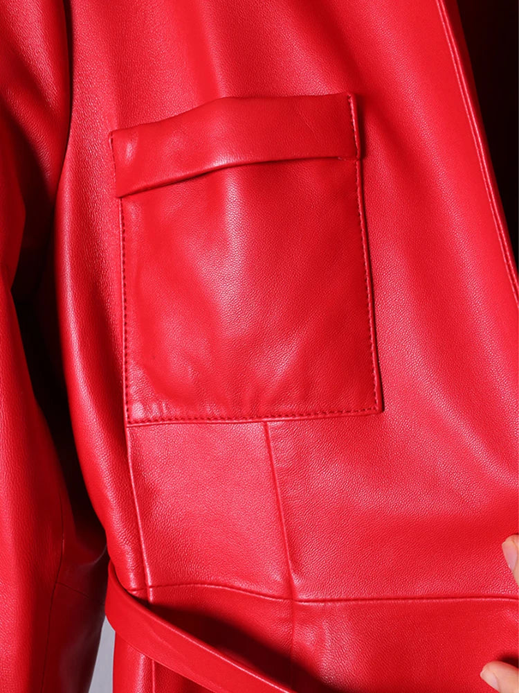 Nerazzurri High Quality Red Black Maxi PU Leather Trench Coat