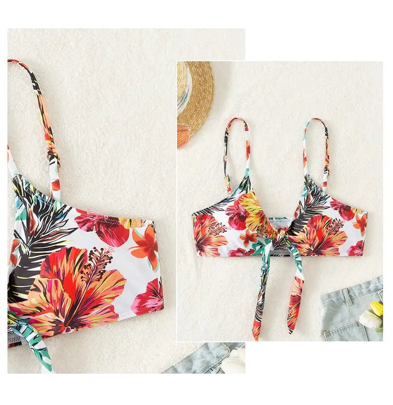3-Piece Floral Bikini Set with Mesh Cover-Up