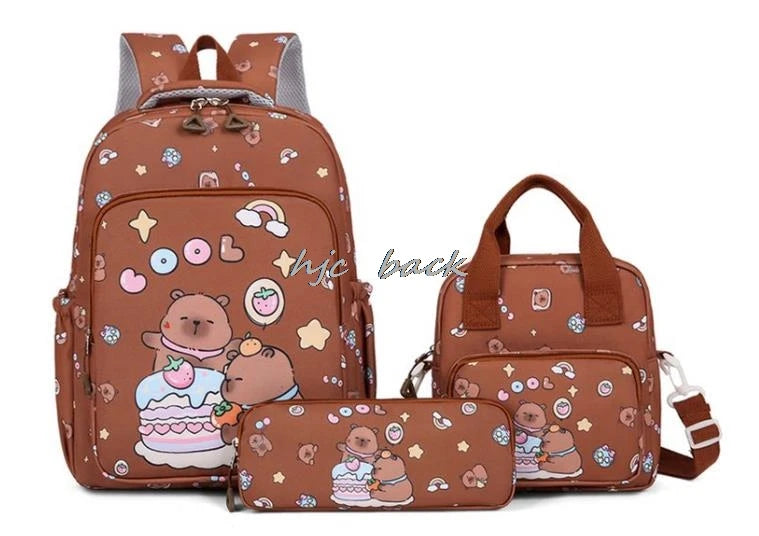 3Pcs/set Capybara Print Backpack Lunch Bag with Pencilcase Colorful Patterns Boys Girls