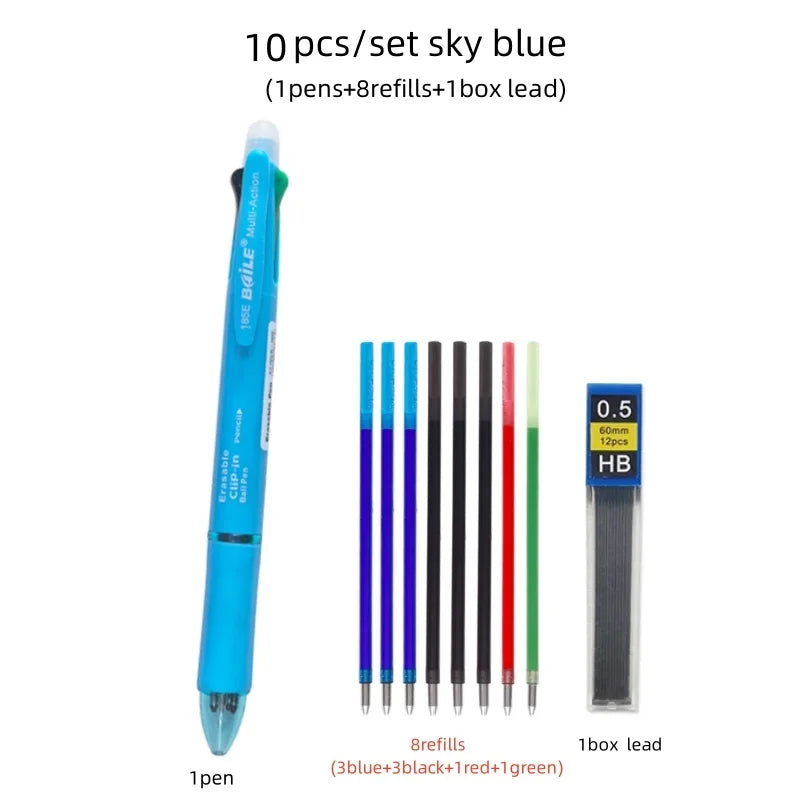 5 In 1 Multicolor Erasable Gel Pen with 4 Colors Replaceable Pen Refill