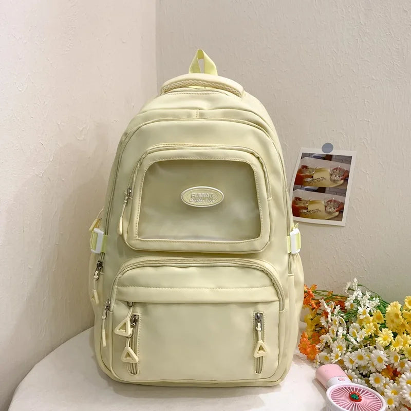 Mochila de camada transparente com vários bolsos e fecho, bolsa exterior grande