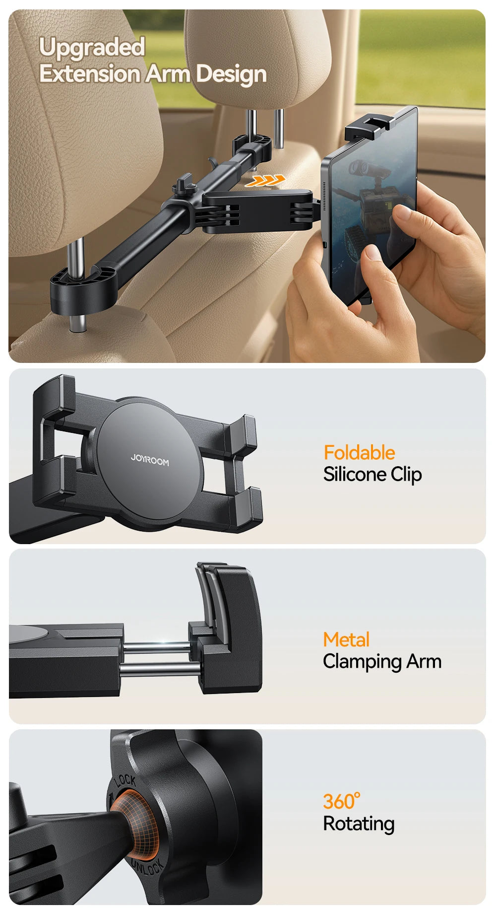 Car Tablet Phone Holder With Extension Arm For 4.7-12.9" Tablet/Phones