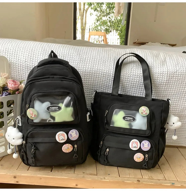 Mochila de camada transparente com vários bolsos e fecho, bolsa exterior grande