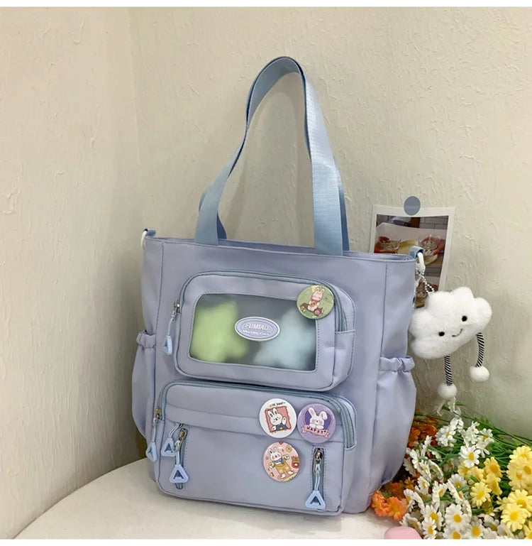 Mochila de camada transparente com vários bolsos e fecho, bolsa exterior grande