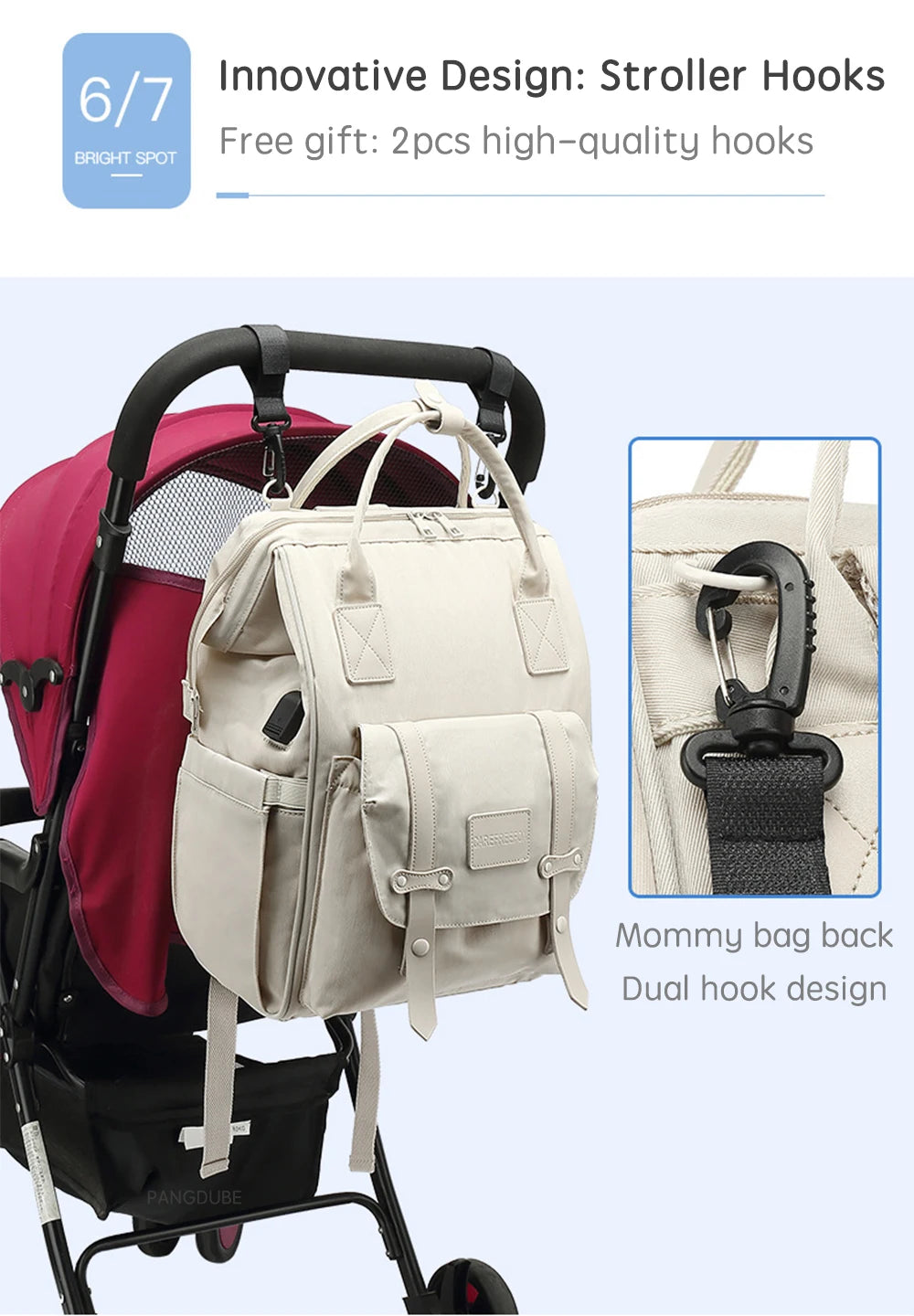 PANGDUBE Baby Nappy Bag with 2pcs Stroller Hooks Mummy Bag Backpack Waterproof