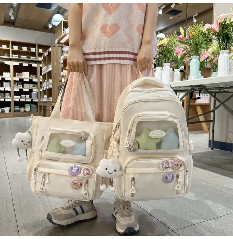 Mochila de camada transparente com vários bolsos e fecho, bolsa exterior grande