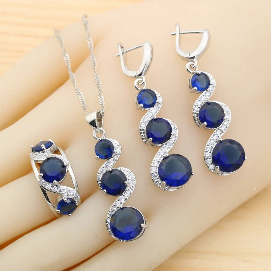 Elegant Classic Blue Zirconia 925 Silver Jewelry Set