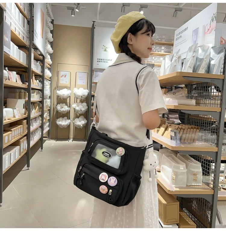 Mochila de camada transparente com vários bolsos e fecho, bolsa exterior grande