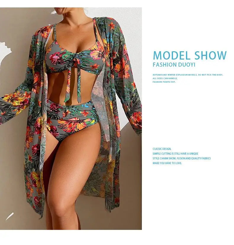 3-Piece Floral Bikini Set with Mesh Cover-Up