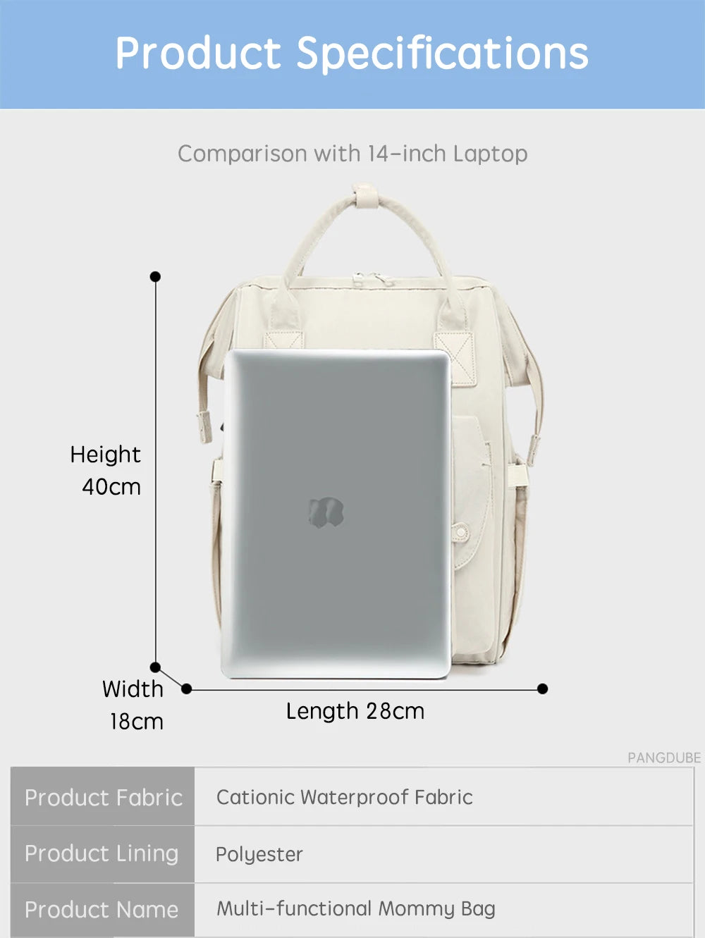 PANGDUBE Baby Nappy Bag with 2pcs Stroller Hooks Mummy Bag Backpack Waterproof