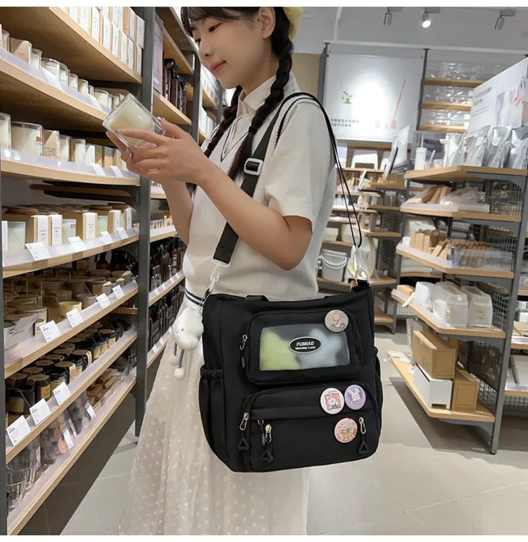 Mochila de camada transparente com vários bolsos e fecho, bolsa exterior grande