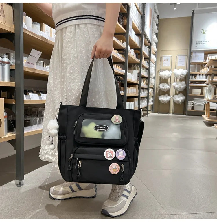 Mochila de camada transparente com vários bolsos e fecho, bolsa exterior grande