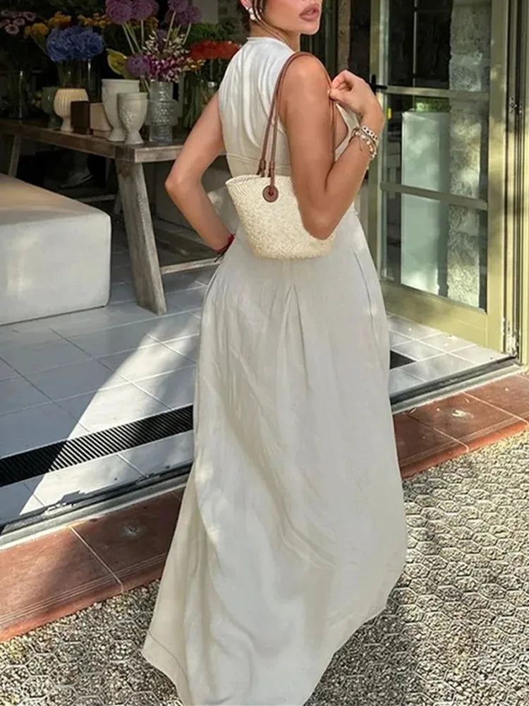 TRAF Vestido comprido com fecho para mulher plissado sem mangas