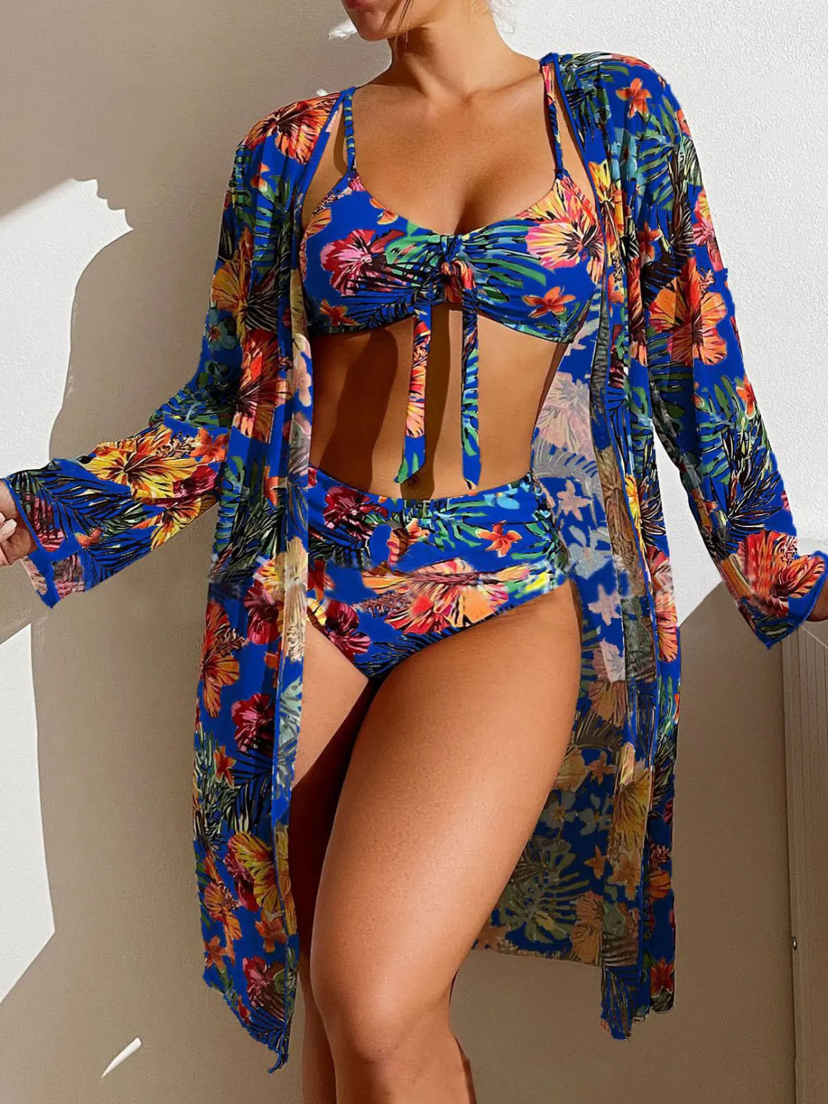 3-Piece Floral Bikini Set with Mesh Cover-Up