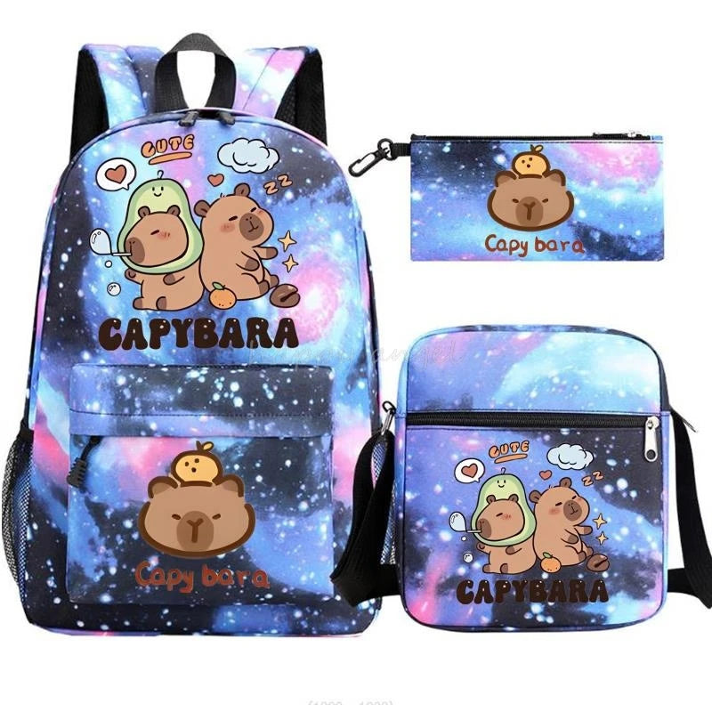 New Capybara Anime Print 3Pcs/Set Backpack Teenager Boy School Bag Laptop