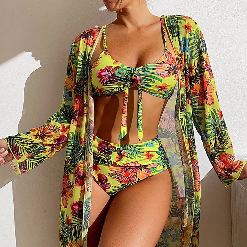 3-Piece Floral Bikini Set with Mesh Cover-Up