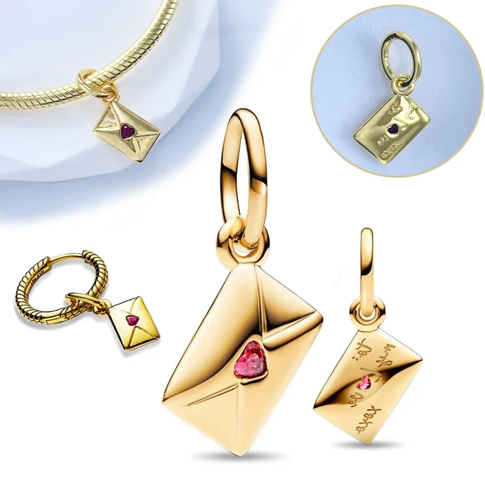 sterling silver 925 red love gold envelope mail pendant fit original pandora women's