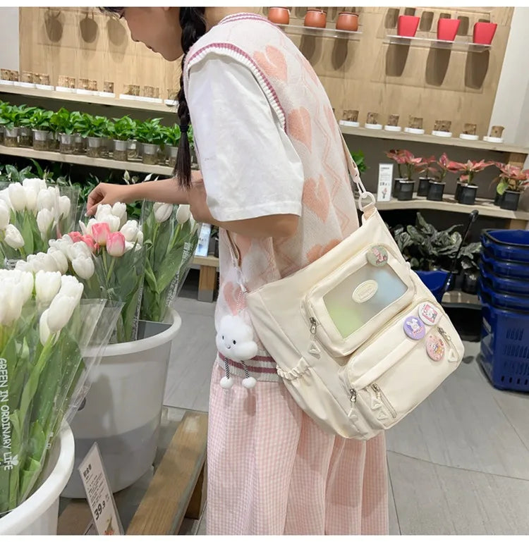 Mochila de camada transparente com vários bolsos e fecho, bolsa exterior grande