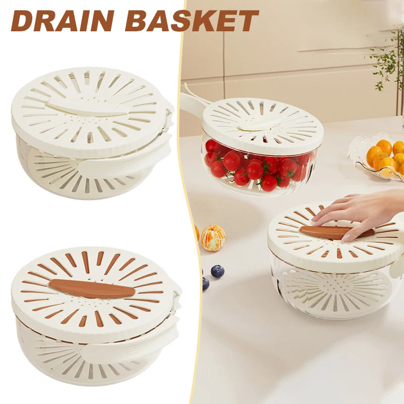 Fruit Drain Basket with Lid Vegetable Washing Bowl Foldable