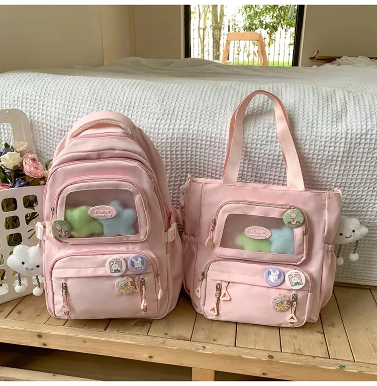 Mochila de camada transparente com vários bolsos e fecho, bolsa exterior grande