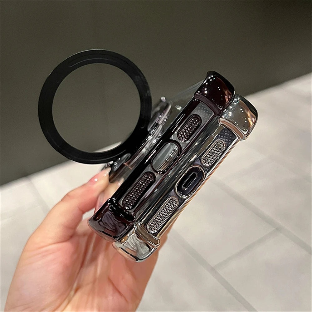 Luxury Plating Shockproof Magnetic Bracket For Magsafe Clear Case For iPhone