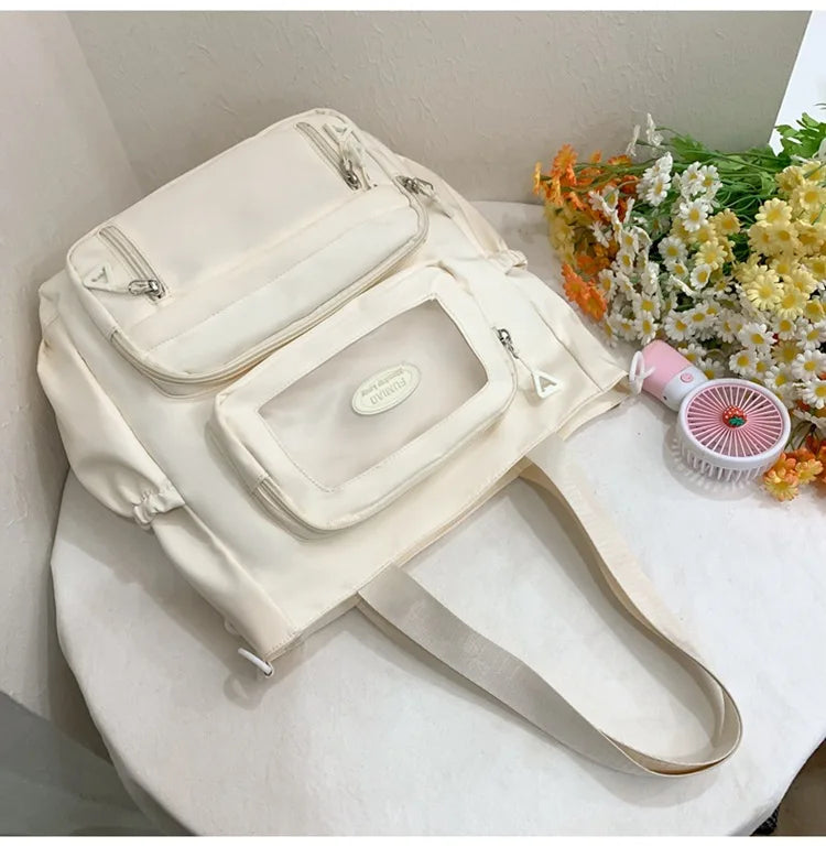 Mochila de camada transparente com vários bolsos e fecho, bolsa exterior grande