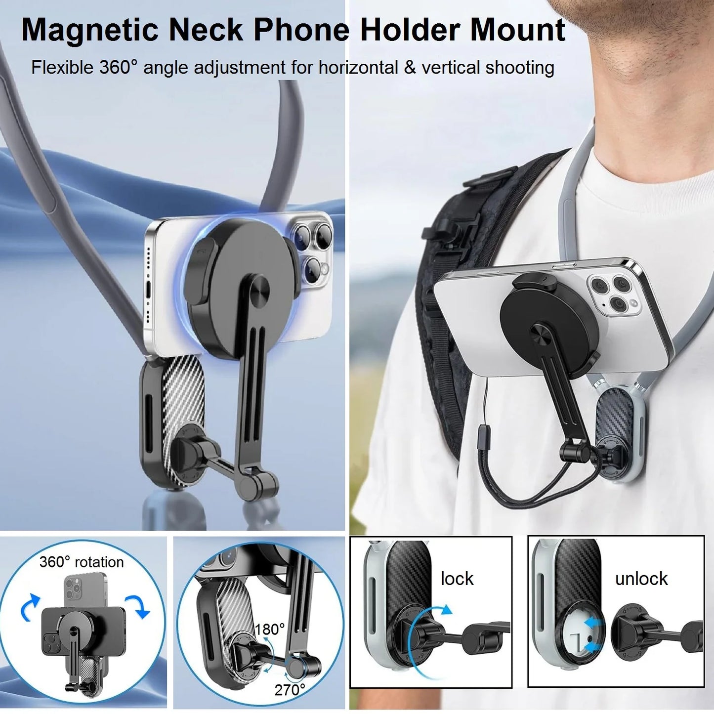 Suporte magnético para telefone POV com suporte para pescoço para gravação de vídeo