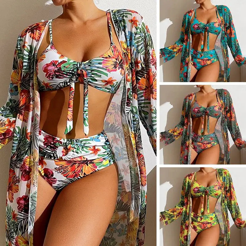 3-Piece Floral Bikini Set with Mesh Cover-Up