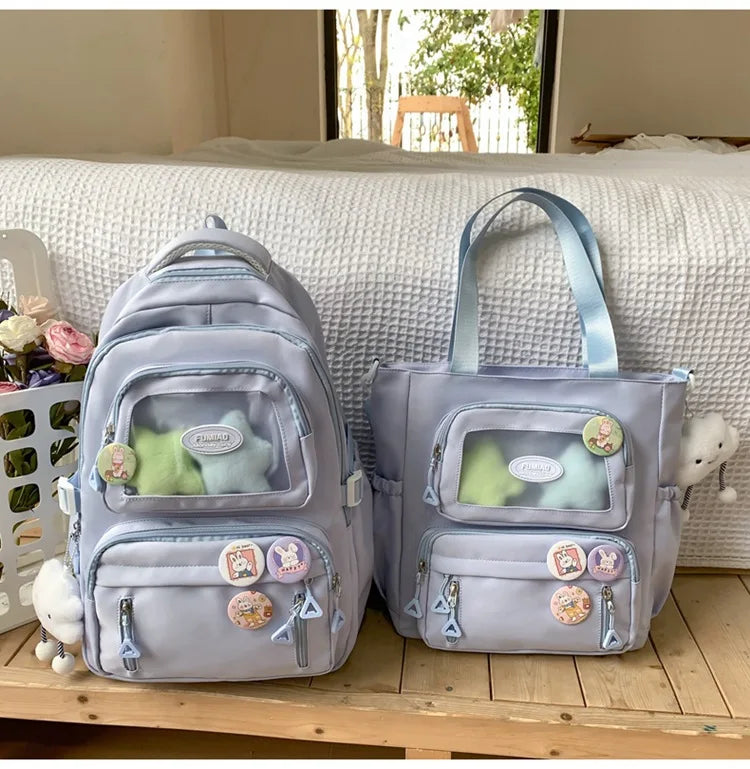 Mochila de camada transparente com vários bolsos e fecho, bolsa exterior grande