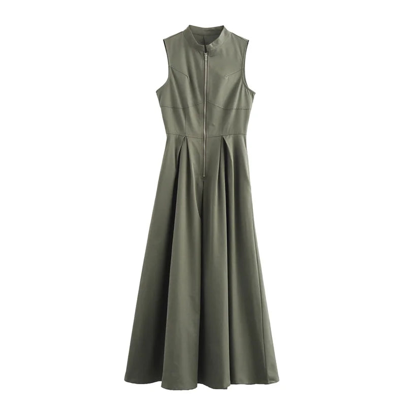 TRAF Vestido comprido com fecho para mulher plissado sem mangas