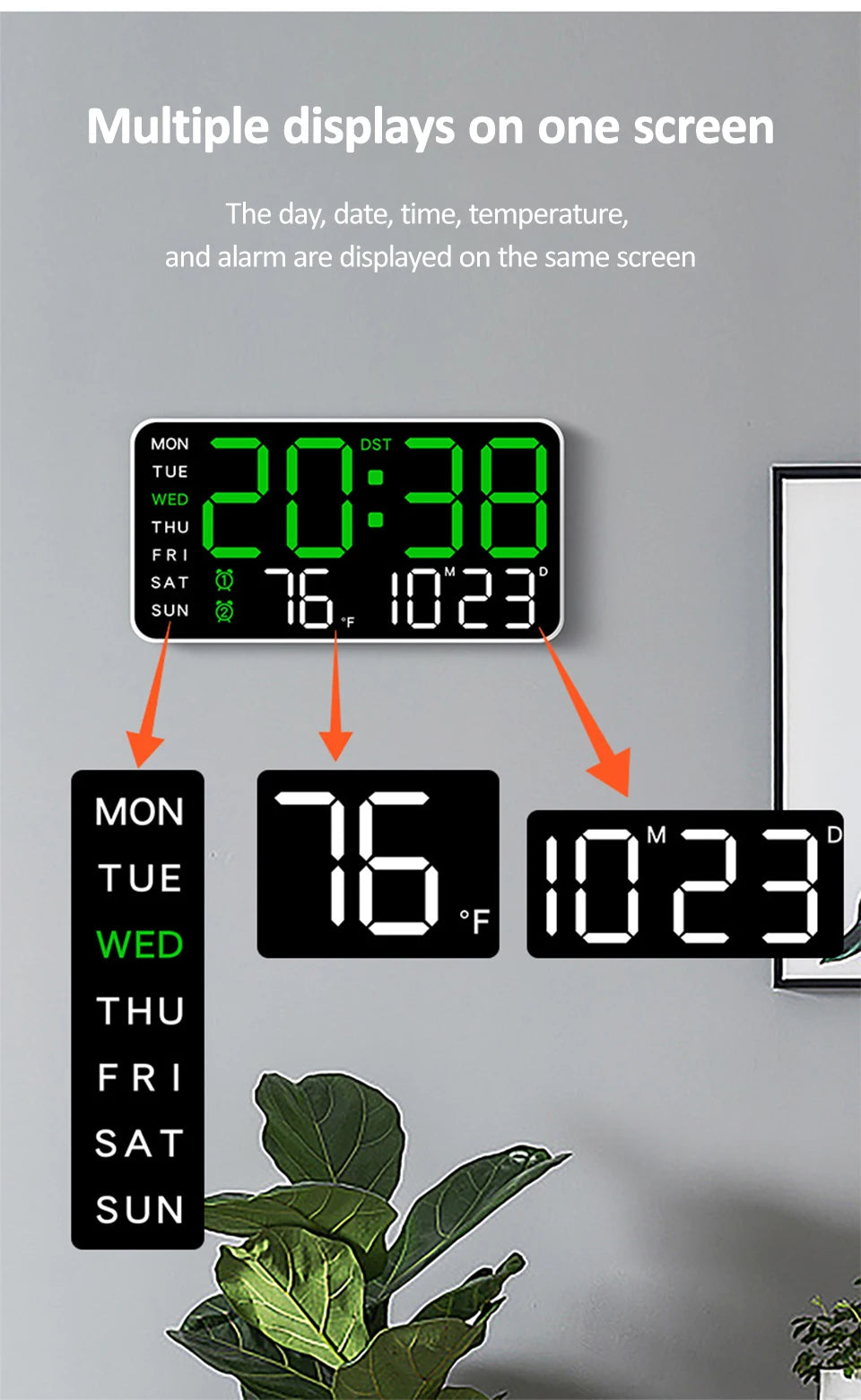 Large Digital Wall Clock Temp Date Week Display Remote Control USB