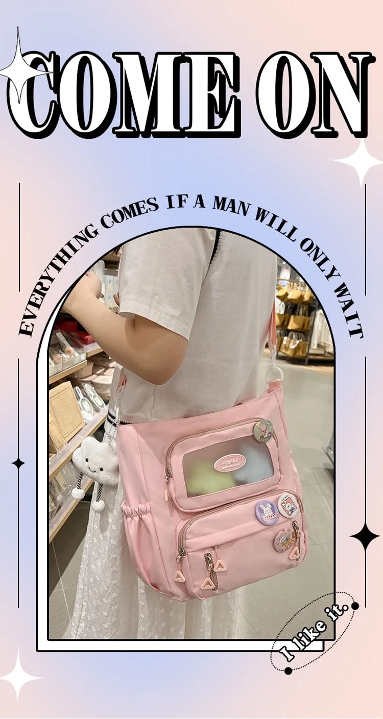 Mochila de camada transparente com vários bolsos e fecho, bolsa exterior grande