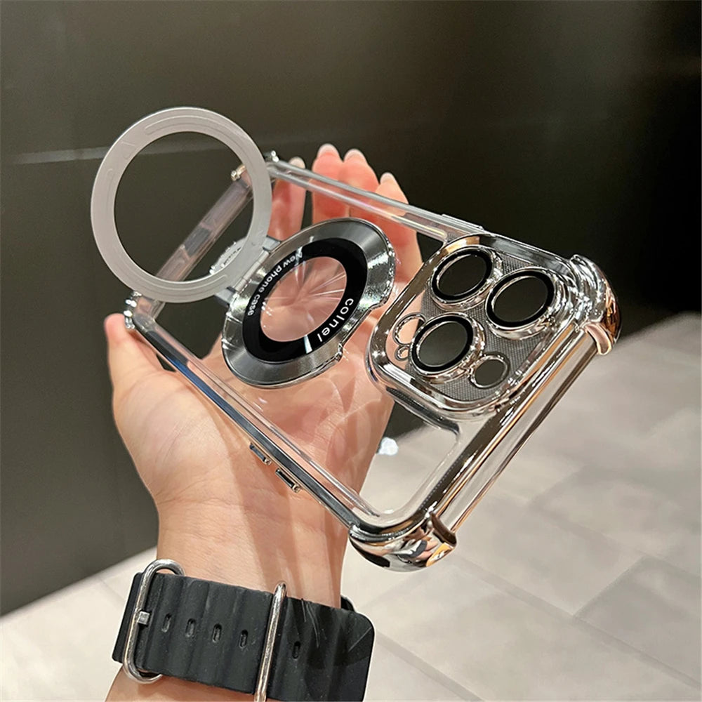 Luxury Plating Shockproof Magnetic Bracket For Magsafe Clear Case For iPhone