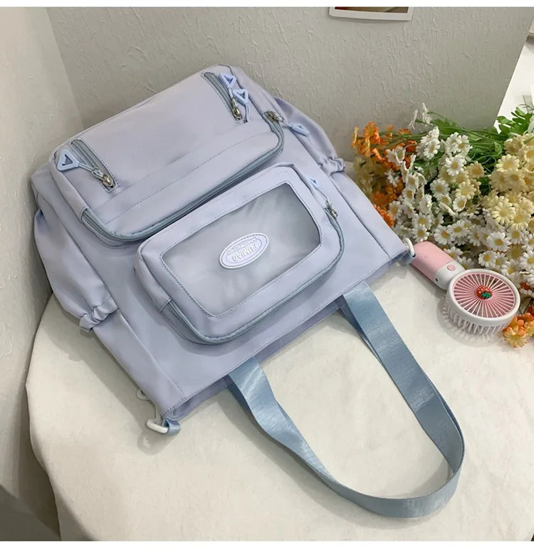 Mochila de camada transparente com vários bolsos e fecho, bolsa exterior grande