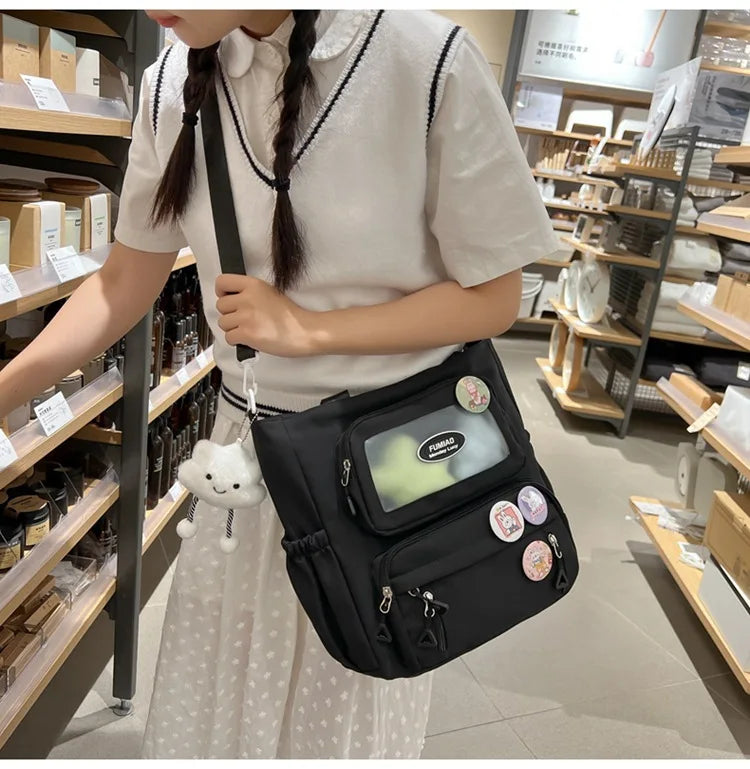 Mochila de camada transparente com vários bolsos e fecho, bolsa exterior grande