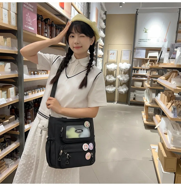 Mochila de camada transparente com vários bolsos e fecho, bolsa exterior grande