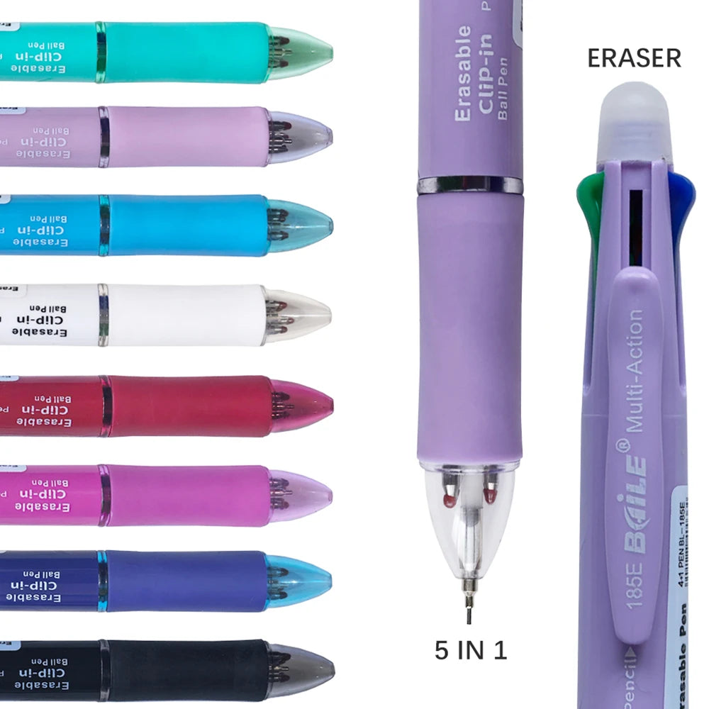 5 In 1 Multicolor Erasable Gel Pen with 4 Colors Replaceable Pen Refill