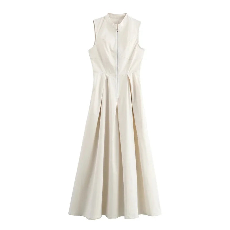 TRAF Vestido comprido com fecho para mulher plissado sem mangas